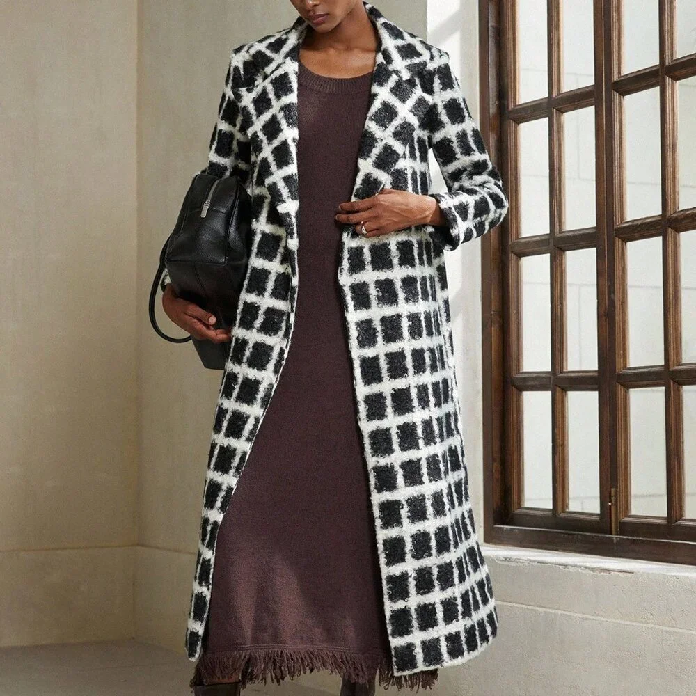 Black And White Casual Women's Loose Plaid Coat